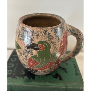 Nicaraguan Red Clay Art Pottery Coffee Mug Painted with Parrot Birds and Flowers